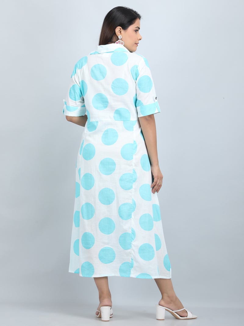 Shifory A-Line Printed Dress for Women, White and Aqua - Image 2